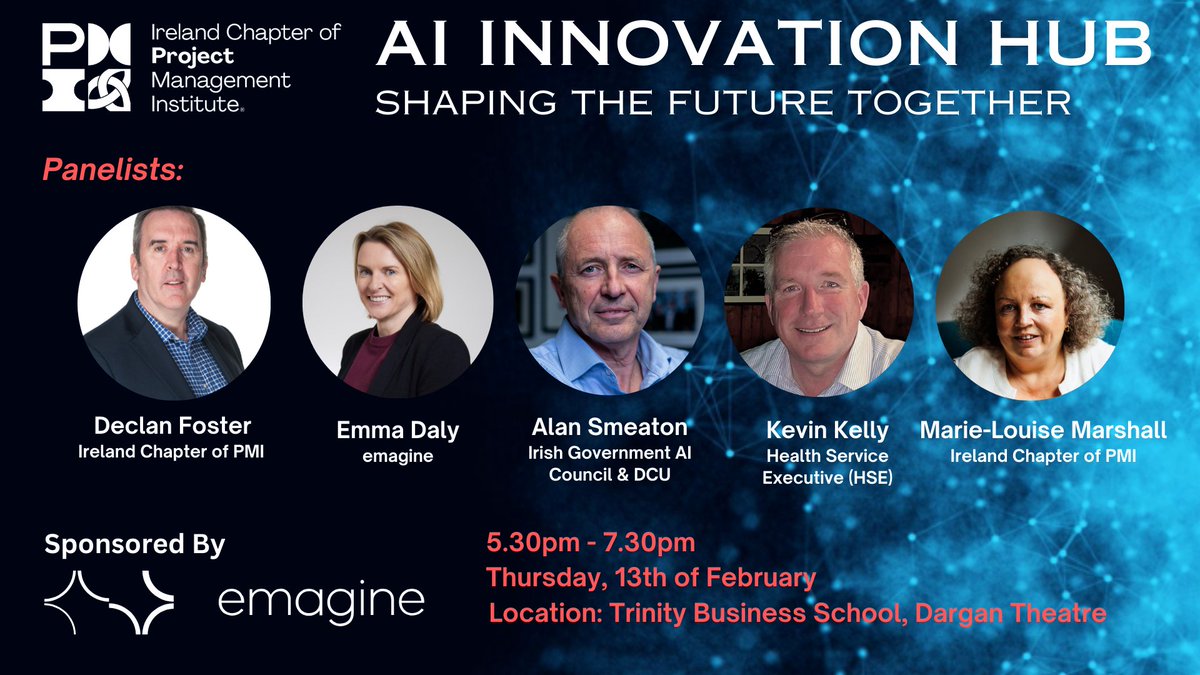 📢 Last chance to register! Join us THIS Thursday for the launch of the Ireland Chapter of PMI's new AI Innovation Hub! 🚀 Featuring an amazing panel of AI experts &amp; leaders. Sponsored by emagine. Register now! 👉 pmi-ireland.org/calendar?event… #AI #ProjectManagement #Ireland