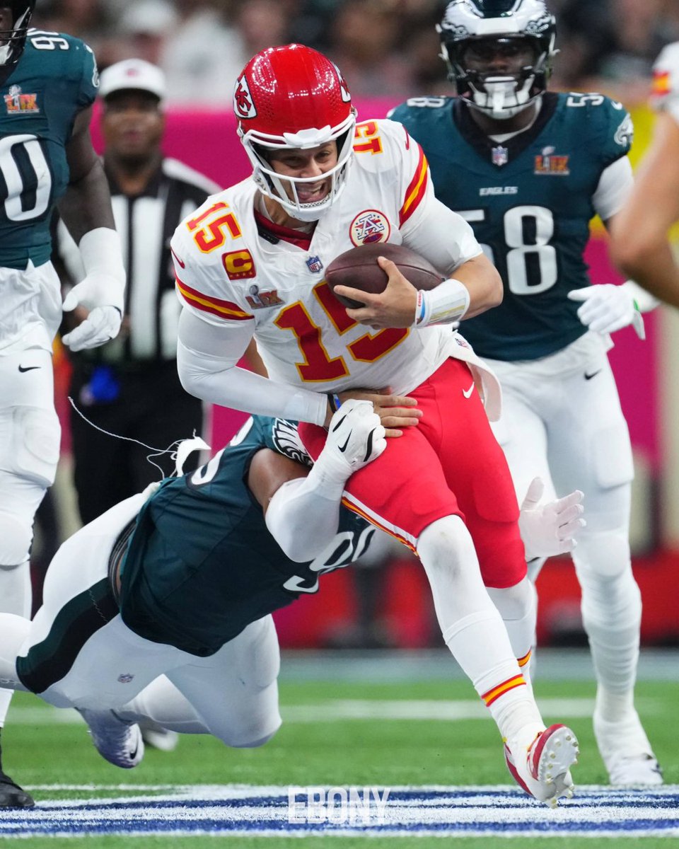 EBONY's tweet photo. Despite Patrick Mahomes' valiant efforts, the Eagles' defense delivered a historic performance in Super Bowl LIX, stifling the Chiefs’ three-peat dreams with relentless pressure. Read the full game recap: https://t.co/w3wzVFXobT https://t.co/N8o1ibcF9R