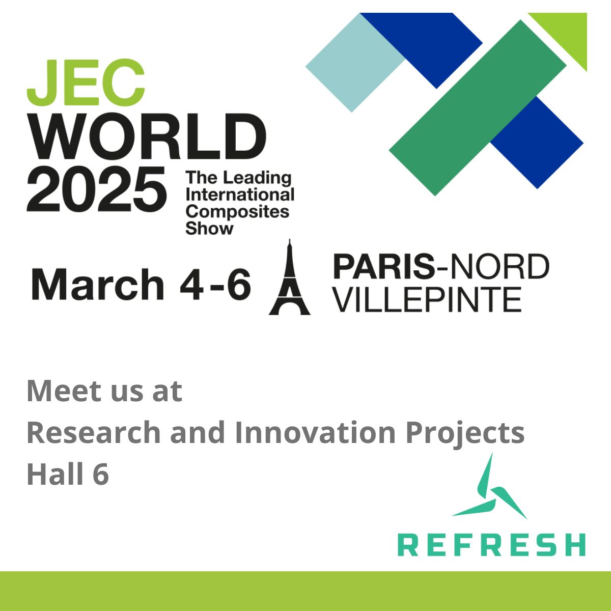 REFRESH is exhibiting at #JECWorld2025 next month!

Come and meet the team on booth 6D114-3 in the Research and Innovation Projects area.
▶️tinyurl.com/5n6jyv2k

#windenergy #composites #windturbineblades #recycling #EUresearch