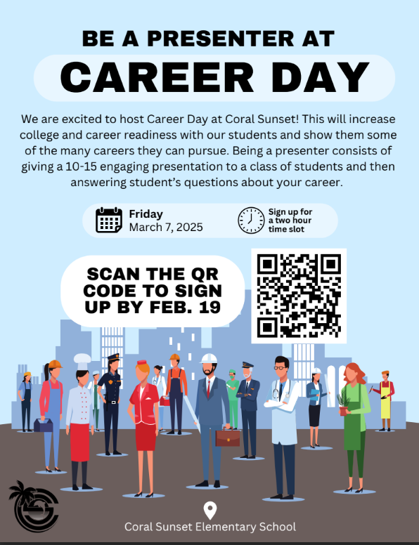 Alyssa Maddox (@a_maddox27) on Twitter photo We are excited to host Career Day at Coral Sunset on Friday, March 7! We'd love to hear from you! Click the link to sign up to speak to our students. #CareerDay #CollegeandCareer #SchoolPresentation #Presenter #ElementarySchool <a href="/pbcsd/">The School District of Palm Beach County</a> 👩🍳🧑🌾🧑🎨👨💼👩💻👩🔧👩🚒🧑🔬🧑✈️👩⚖️
forms.gle/ZLkfUScWCgVpYR… We are excited to host Career Day at Coral Sunset on Friday, March 7! We'd love to hear from you! Click the link to sign up to speak to our students. #CareerDay #CollegeandCareer #SchoolPresentation #Presenter #ElementarySchool <a href="/pbcsd/">The School District of Palm Beach County</a> 👩🍳🧑🌾🧑🎨👨💼👩💻👩🔧👩🚒🧑🔬🧑✈️👩⚖️
forms.gle/ZLkfUScWCgVpYR…