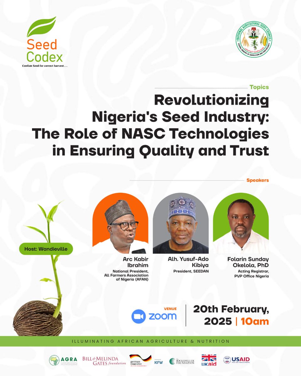Wandieville's tweet photo. Transforming farming starts with quality seeds!
Join our webinar on Feb 20th, 2025, at 10 AM to learn how NASC technologies like SeedCodex can drive growth and innovation in Nigeria's agricultural sector.
Secure your spot now! https://t.co/onLkpQfRnL
#SeedCodex #NASC #Nigeria https://t.co/dR5ecCxZG0