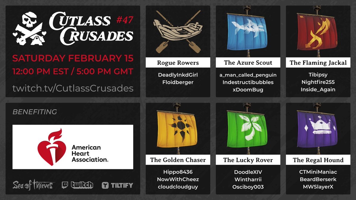 Wintharrii (@wintharrii) on Twitter photo So excited to announce my crew and I will be competing in the 47th Cutlass Crusades this Saturday!!! What an honor!
Benefitting the American Heart Association.
<a href="/CutlassCrusades/">Cutlass Crusades</a>
@HaidenXIV
<a href="/Osciboy003/">Ash</a>
<a href="/SeaOfThieves/">Sea of Thieves</a> So excited to announce my crew and I will be competing in the 47th Cutlass Crusades this Saturday!!! What an honor!
Benefitting the American Heart Association.
<a href="/CutlassCrusades/">Cutlass Crusades</a>
@HaidenXIV
<a href="/Osciboy003/">Ash</a>
<a href="/SeaOfThieves/">Sea of Thieves</a>
