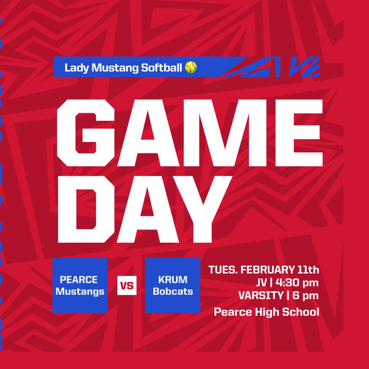 Regular season starts TONIGHT! 🥎

Pearce 🆚 Krum

JV ~ 4:30 pm 
Varsity ~ 6 pm
📍HOME

Good luck to our Lady Mustangs!! ❤️💙