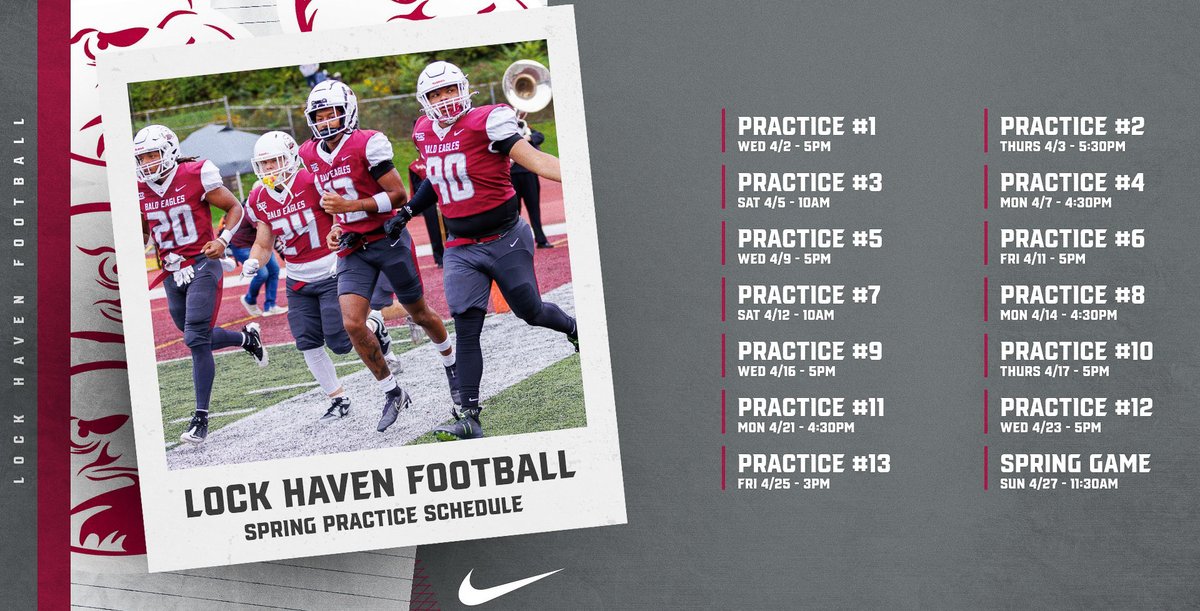 Check out our Spring Football Schedule!
We invite alumni, community members, and prospective recruits to attend a practice or our Spring Game!

Please notify our coaches if you wish to attend a practice. *Dates and times are subject to change due to weather.

#LockedIn🔒🦅
