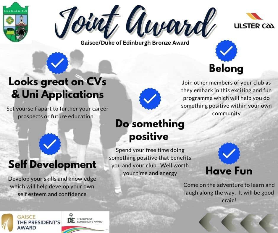 Lissummon GFC (@lissummongfc) on Twitter photo #Gaisce Award
We are working closely with our #gaahealthyclubs and <a href="/UlsterGAA/">Ulster GAA</a> to offer this opportunity for our young people aged 14-24 years old.
More information on the inititiave can be found via the link below.
ulster.gaa.ie/community/thej…
DM to register. #Gaisce Award
We are working closely with our #gaahealthyclubs and <a href="/UlsterGAA/">Ulster GAA</a> to offer this opportunity for our young people aged 14-24 years old.
More information on the inititiave can be found via the link below.
ulster.gaa.ie/community/thej…
DM to register.