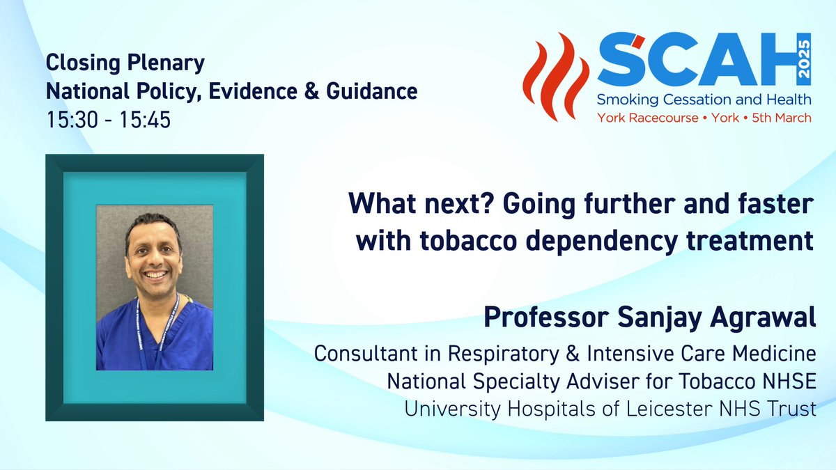 We are delighted to announce that Professor Sanjay Agrawal will participate in the Closing Plenary - National Policy, Evidence and Guidance - outlining why we need to go further and faster with tobacco dependency treatment. 

View the full agenda here: smokingcessationandhealth.co.uk/agenda-2025/