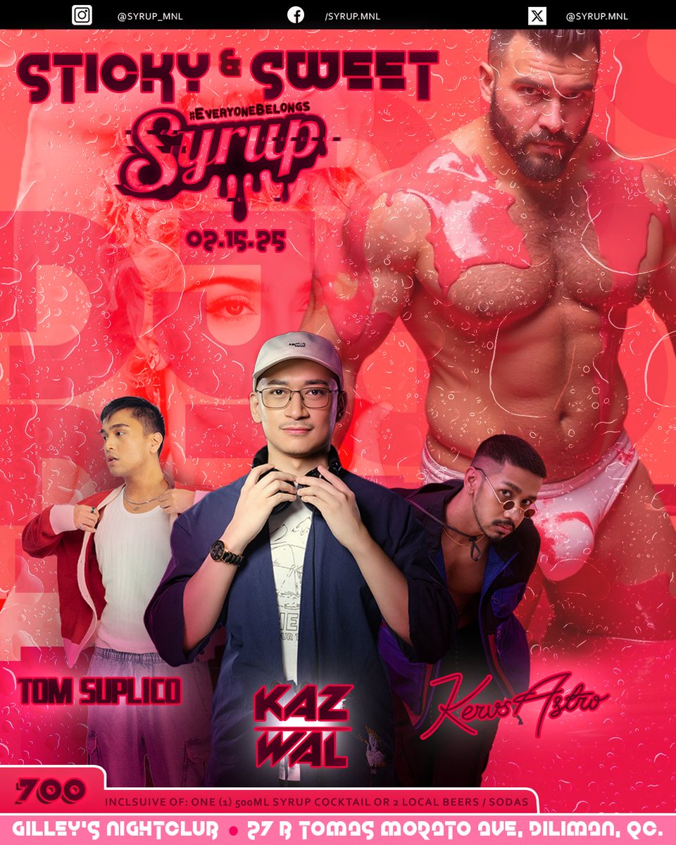 Our DJs are bringing the best of pop anthems and circuit party bangers to keep you dancing all night long.

DJ Tom Suplico
DJ <a href="/KAZWALDJ/">KAZWAL 🇹🇼🏳️‍🌈</a> 
DJ Kervs Astro

See you on February 15, 2025 for the #SyrupManila launch at Gilley’s Club, Tomas Morato QC.

#comehaveataste 💦