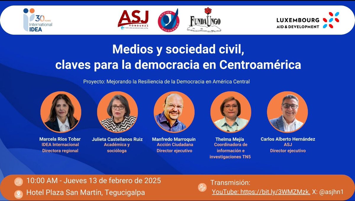 ljconsuegra's tweet image. 🌟 Próximo evento en #Tegucigalpa 🇭🇳: Lanzamiento del proyecto mejorando la resiliencia de la democracia en América Central. No te pierdas el conversatorio sobre la participación de jóvenes y mujeres en la democracia.
📺bit.ly/3WMZMzk
#DemocraciaResiliente
#IDEA30Años