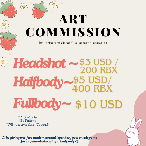 LaraaTheLara's tweet photo. Roblox Art Commission ✦
♡ Price can be lowered as much as it worth it
♡ Slot(0/3)
♡Feel free to DM me if u need anything

♥︎Please support me(˶˃ ᵕ ˂˶)
♥︎Giving free normal legendary pets on adopt me for whoever brought fullbody! ><
#AdoptMe  #digitalart #adoptmegiveaway https://t.co/v1Kych8Onw