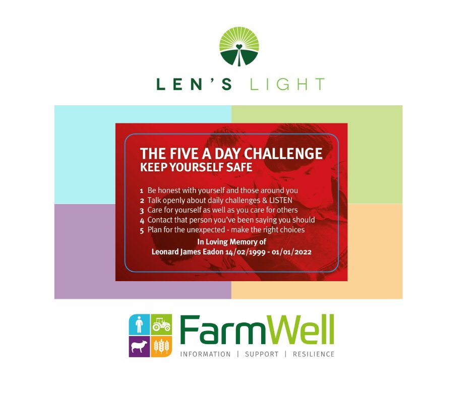 - Be honest with yourself and those around you
 - Contact that person you’ve been saying you should
 - Plan for the unexpected - make the right choices

Heartfelt words from Andy and Lynda Eadon’s ‘5 A Day Challenge’, part of the Len's Light legacy.

➡️ farmwell.org.uk/mental-health-…