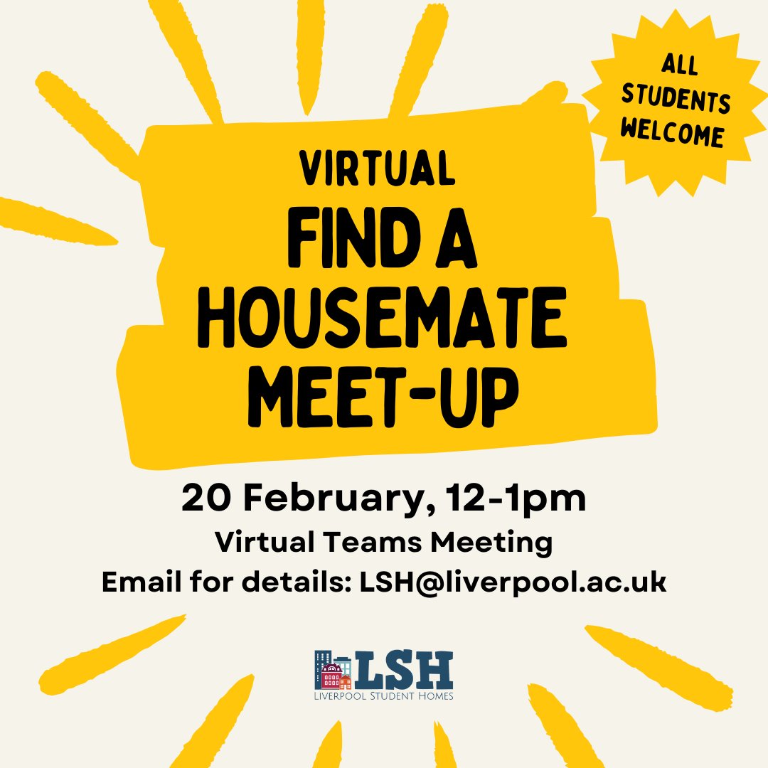 LSH - Liverpool Student Homes (@livstudenthomes) on Twitter photo š¢Our next Virtual Find a Housemate is next week!
Email us for Teams details LSH@liverpool.ac.uk
Students from <a href="/LivUni/">University of Liverpool</a> <a href="/LJMU/">Liverpool John Moores University</a> <a href="/LiverpoolHopeUK/">Liverpool Hope University</a> <a href="/LIPALiverpool/">LIPA Liverpool</a> @lstm are welcome to attend.
<a href="/LiverpoolGuild/">Liverpool Guild</a> <a href="/johnmooressu/">JMSU</a> <a href="/LiverpoolHopeSU/">Liverpool Hope SU</a> š¢Our next Virtual Find a Housemate is next week!
Email us for Teams details LSH@liverpool.ac.uk
Students from <a href="/LivUni/">University of Liverpool</a> <a href="/LJMU/">Liverpool John Moores University</a> <a href="/LiverpoolHopeUK/">Liverpool Hope University</a> <a href="/LIPALiverpool/">LIPA Liverpool</a> @lstm are welcome to attend.
<a href="/LiverpoolGuild/">Liverpool Guild</a> <a href="/johnmooressu/">JMSU</a> <a href="/LiverpoolHopeSU/">Liverpool Hope SU</a>