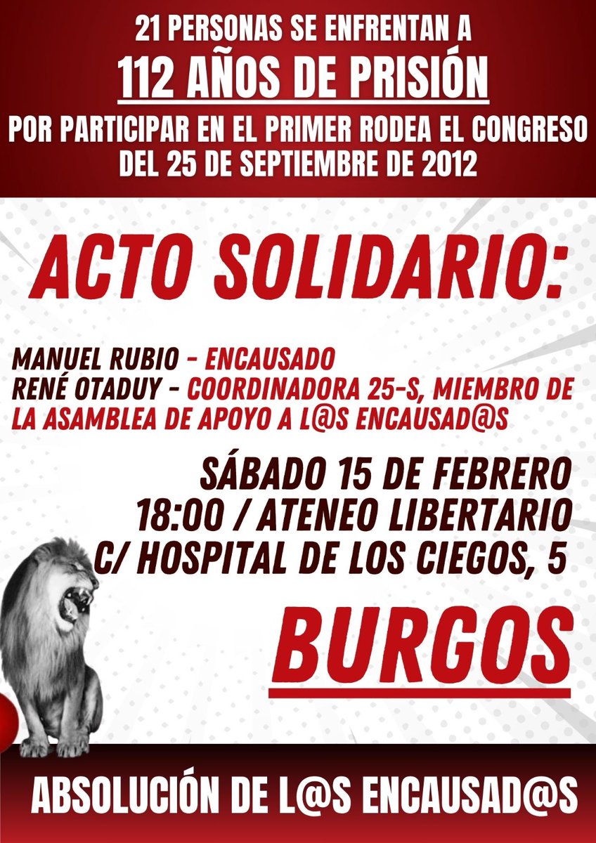YescaCastilla's tweet photo. #Burgos | Este sábado 15 de diciembre nos vemos en el Ateneo Libertario en un nuevo acto solidario con los represalieados por el Rodea el Congreso.
¡Absolución de los encausados!
@Coordinadora25S https://t.co/cCkknGBWWU