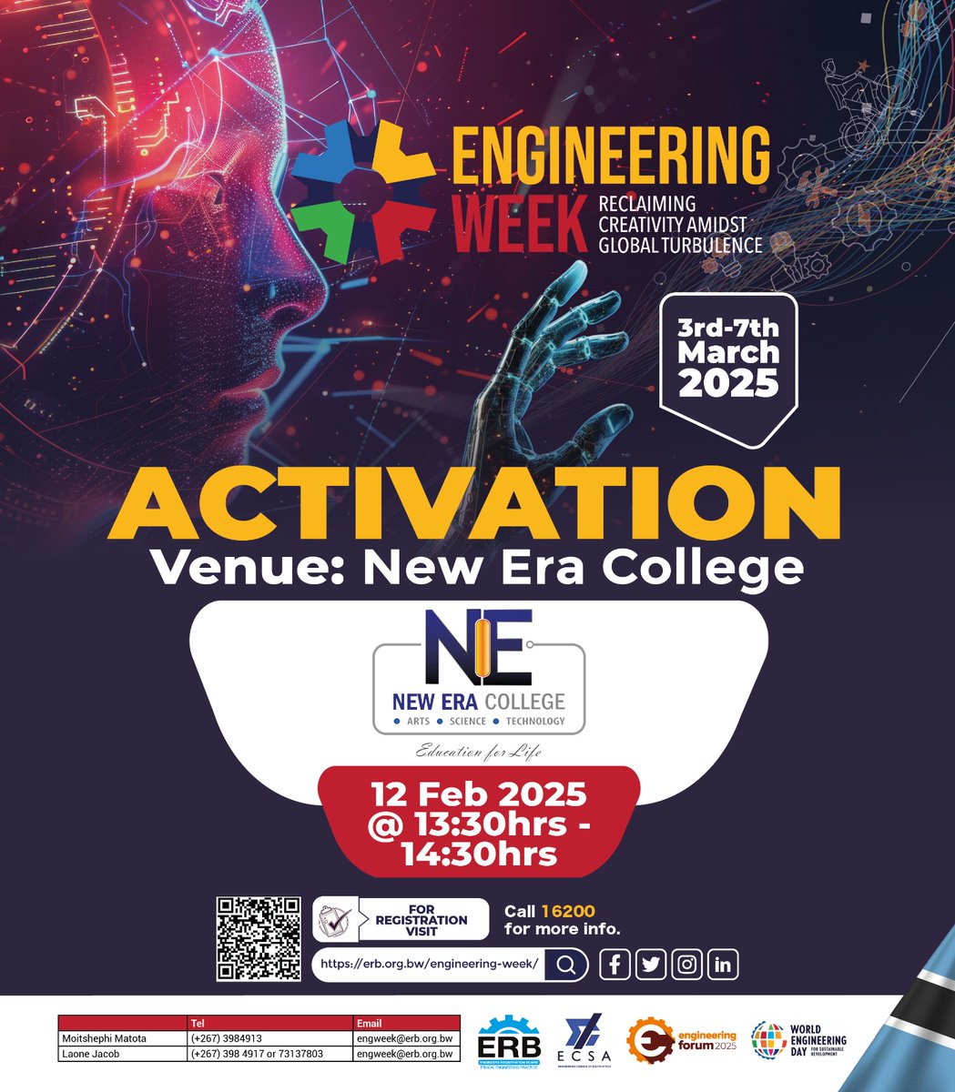 ErbOffical's tweet image. 🚀 Exciting News! 🚀

Tomorrow, we're bringing the energy to New Era College for an exclusive #EngineeringWeek2025 activation! 🎉 Don't miss out on this opportunity to engage with us.

📅 Date: February 12, 2025 🕒 Time: 13:30 - 14:30hrs

See you there! 🌟
#EngineeringForum2025