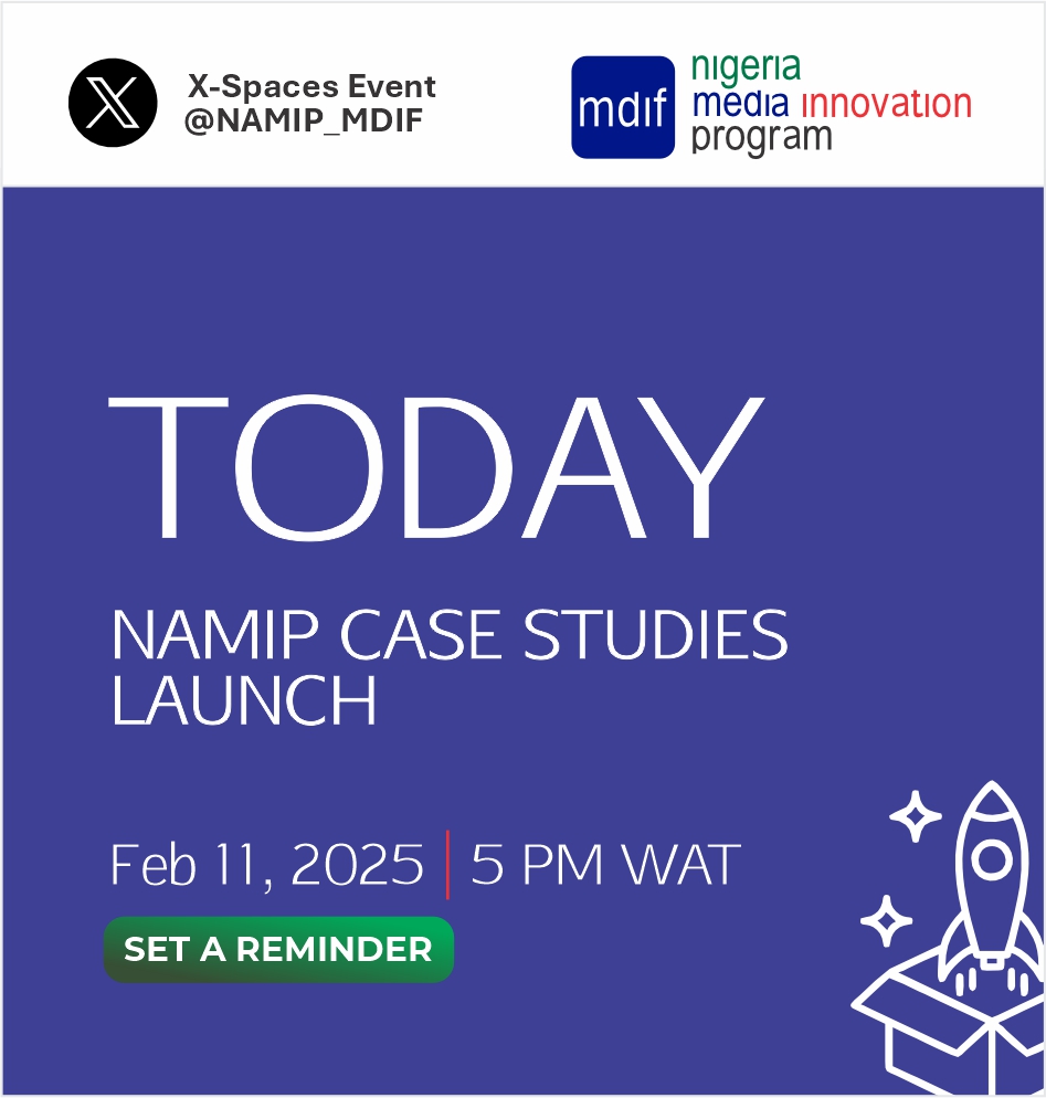 NAMIP_MDIF's tweet photo. HAPPENING TODAY

when: 5PM WAT
where: X Spaces (https://t.co/NLz0e4V1TB)
why: talk to media leaders about their organizations
who: check image
what: we will be launching case studies on 7 media organizations
how: on our website https://t.co/swIvObmdSI https://t.co/vQ4xjmtYbt