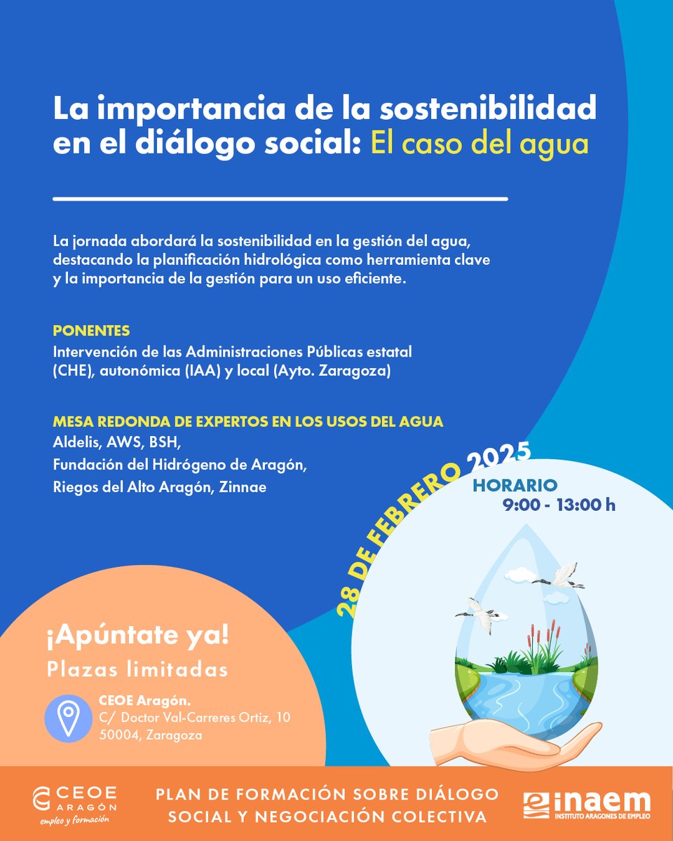 🌟💧 No te pierdas el viernes 28 de febrero nuestra jornada sobre "La importancia de la sostenibilidad en el diálogo social: El caso del agua".

¡Inscríbete ya en nuestra web y no te quedes sin plaza! ➡️ceoearagon.es/evento/la-impo…

@‌inaempleo @ceoearagon