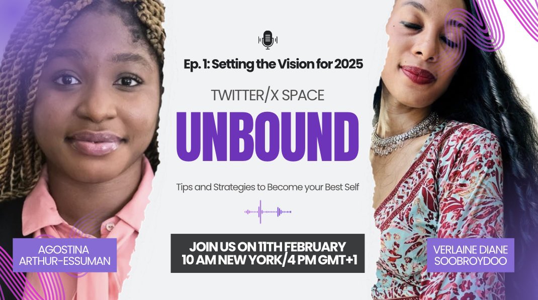 Join us for a powerful “2025 Vision Setting” on #TwitterSpace where we’ll map out how to build your dreams and turn them into reality. 

Are you ready? 
Join live on 11th February at 10 am New York Time.

RSVP: x.com/i/spaces/1yokm…

#UnboundVision2025