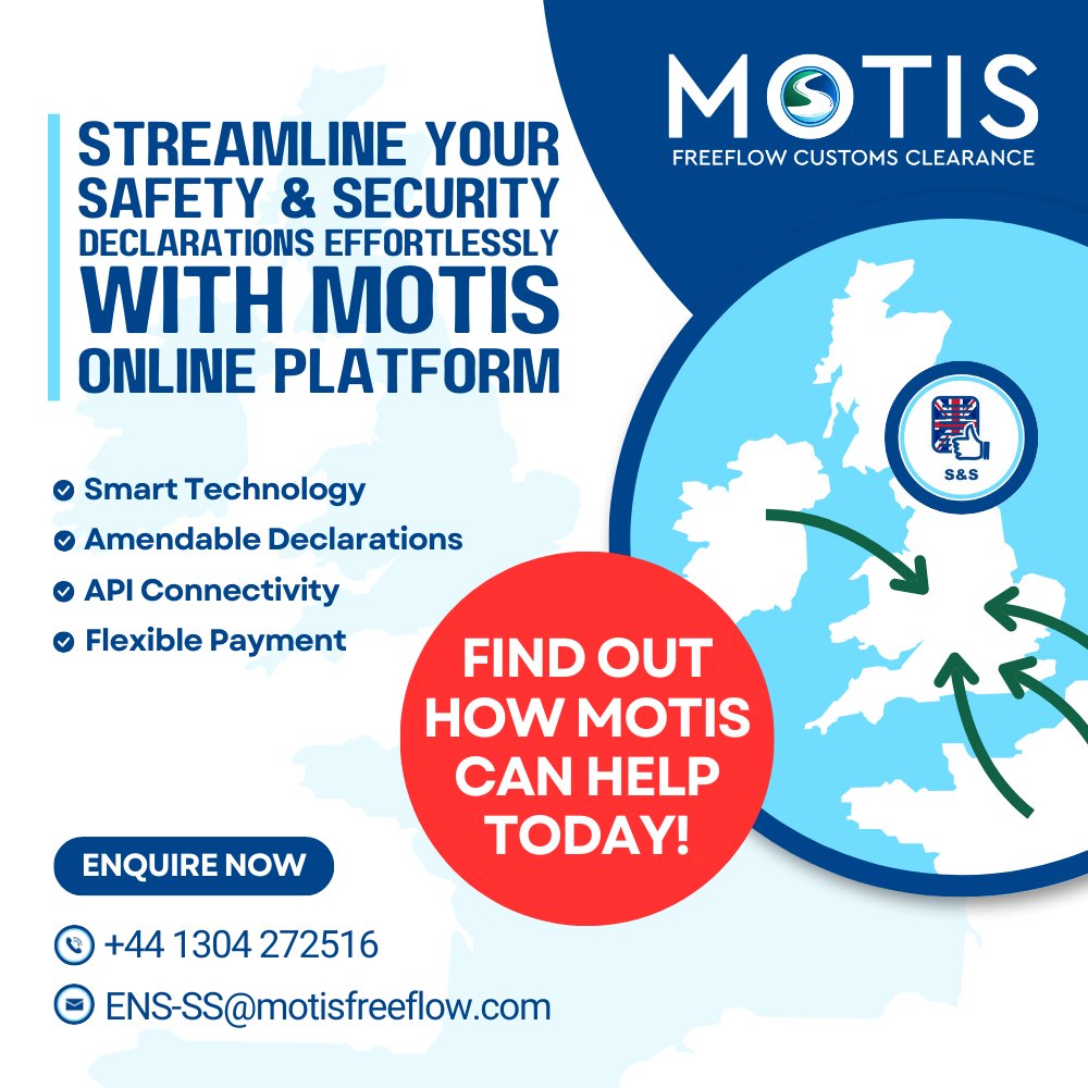 Motis (@motisireland) on Twitter photo ๐ Safety & Security Declarations are now mandatory as of February 1st!
Motis offers an easy online solution to help you meet these requirements without the hassle.
Visit ๐bit.ly/3MyRZzQ or email ๐ฉENS-SS@motisfreeflow.com or โ+44 1304 272516.
#Freight #Imports ๐ Safety & Security Declarations are now mandatory as of February 1st!
Motis offers an easy online solution to help you meet these requirements without the hassle.
Visit ๐bit.ly/3MyRZzQ or email ๐ฉENS-SS@motisfreeflow.com or โ+44 1304 272516.
#Freight #Imports