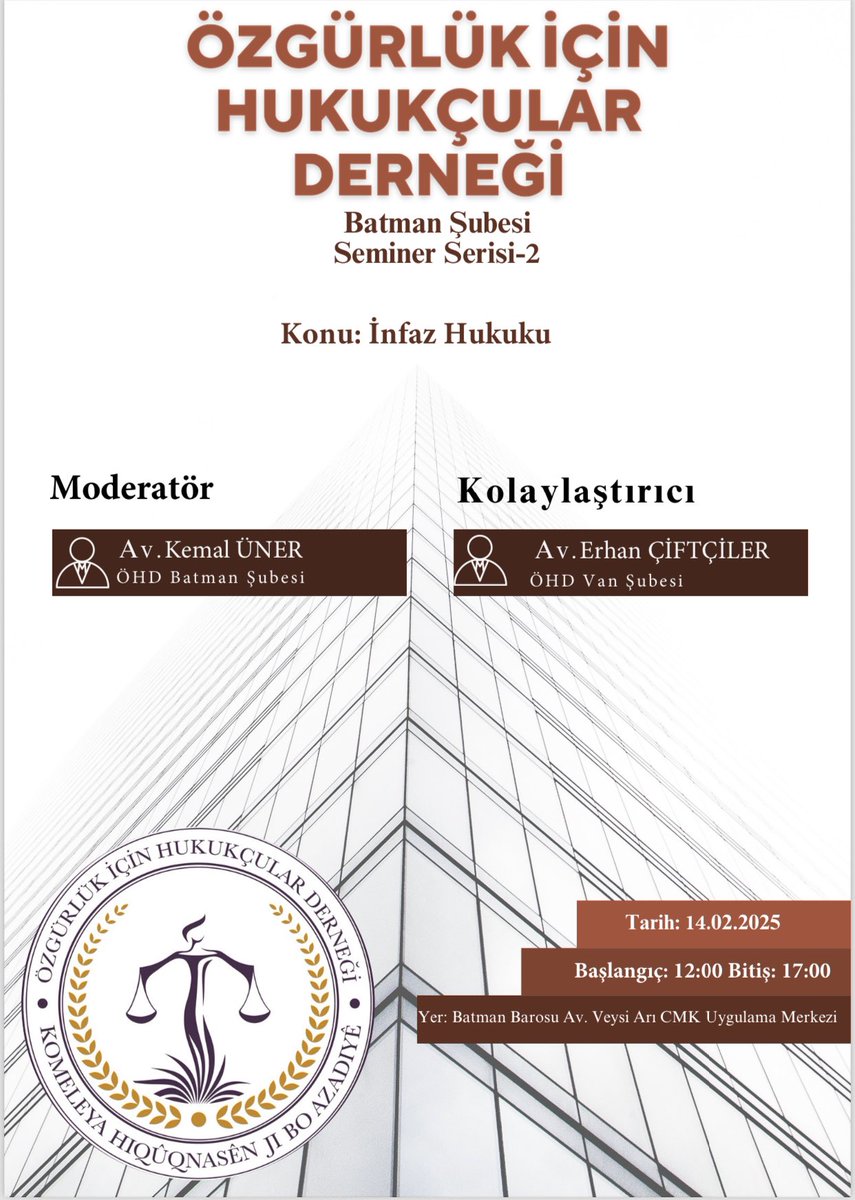 Meslek içi eğitim kapsamında gerçekleştirdiğimiz seminer serimizin  “İnfaz Hukuku” konulu çalışmasına tüm üye ve meslektaşlarımız davetlidir.