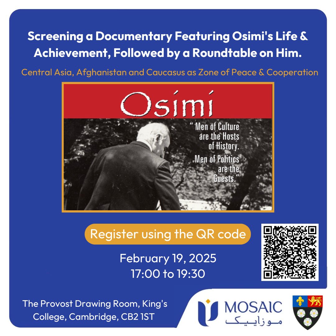 MosaicGFdn's tweet image. Screening a documentary film featuring Osimi's life and achievements, followed by a roundtable discussion.
In coordination with the King's College, Cambridge University, Mosaic Foundation is holding an event to showcase the life and achievements of Muhammad Osimi, who is also…