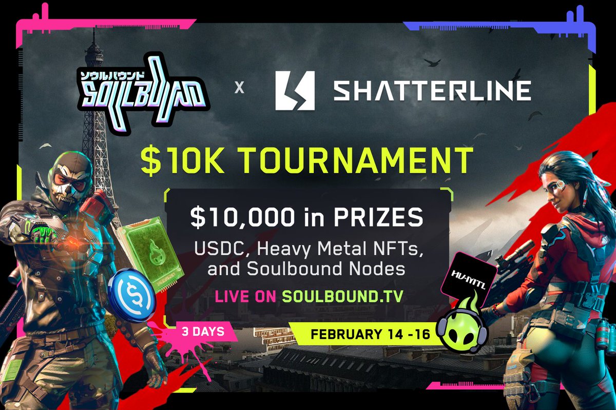 Soulbound TV x Shatterline Tournament! 🔥

$10,000 Worth in Prizes! 💰

3 days of non-stop action! ⚔️ 

Watch it LIVE on Soulbound TV! 🚀

<a href="/ShatterlineFPS/">Shatterline FPS</a> &amp; <a href="/GamingOnAvax/">Gaming on Avax</a> 🕹️

Full details below 👇👇