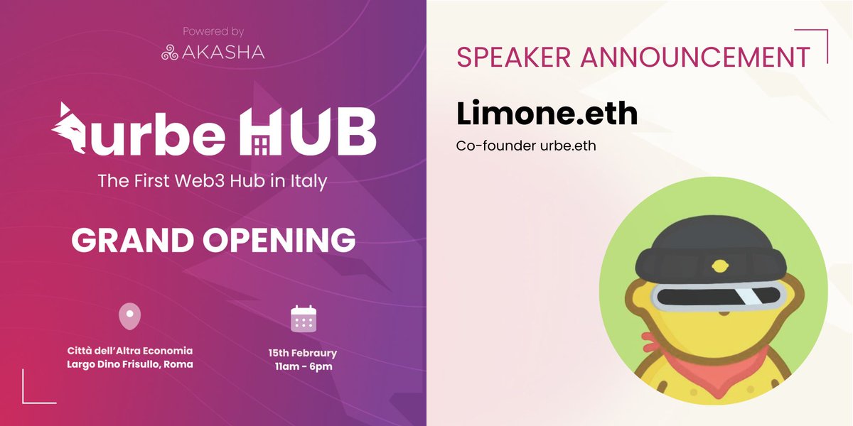 urbe.eth 🐺 (@urbeeth) on Twitter photo 🎙️ Speaker Announcement – Urbe Hub Grand Opening!
We're thrilled to welcome <a href="/limone_eth/">limone.eth 🍋 (on farcaster)</a>, co-founder of <a href="/urbeEth/">urbe.eth 🐺</a>, as a speaker on February 15th!
He’ll take us through the incredible journey of urbe.eth, from its origins to the launch of Italy’s first Web3 hub.
📅 Join us this 🎙️ Speaker Announcement – Urbe Hub Grand Opening!
We're thrilled to welcome <a href="/limone_eth/">limone.eth 🍋 (on farcaster)</a>, co-founder of <a href="/urbeEth/">urbe.eth 🐺</a>, as a speaker on February 15th!
He’ll take us through the incredible journey of urbe.eth, from its origins to the launch of Italy’s first Web3 hub.
📅 Join us this