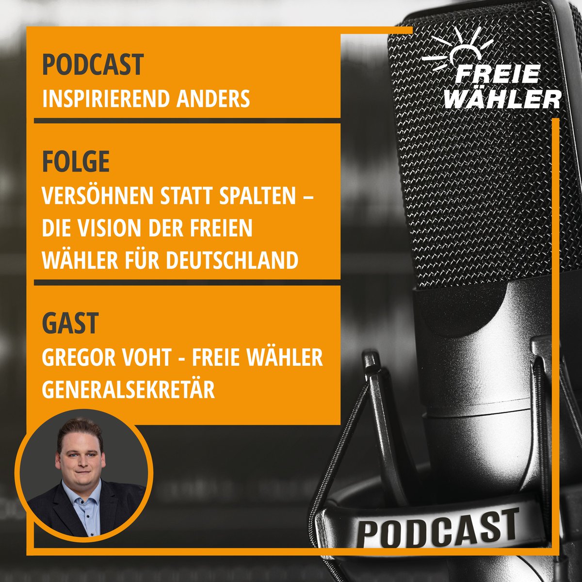 FREIE WÄHLER (@freiewaehler_bv) on Twitter photo Reinhören: 30 Minuten geballtes FREIE WÄHLER Wahlprogramm
Unter dem Titel „Versöhnen statt Spalten – Die Vision der FREIEN WÄHLER für Deutschland“ spricht unser Generalsekretär, <a href="/Gregor_Voht/">Gregor Voht</a> im #podcast „Inspirierend Anders“ über unsere Ziele im Bundestag!
inspirierendanders.com/alle-folgen-un… Reinhören: 30 Minuten geballtes FREIE WÄHLER Wahlprogramm
Unter dem Titel „Versöhnen statt Spalten – Die Vision der FREIEN WÄHLER für Deutschland“ spricht unser Generalsekretär, <a href="/Gregor_Voht/">Gregor Voht</a> im #podcast „Inspirierend Anders“ über unsere Ziele im Bundestag!
inspirierendanders.com/alle-folgen-un…