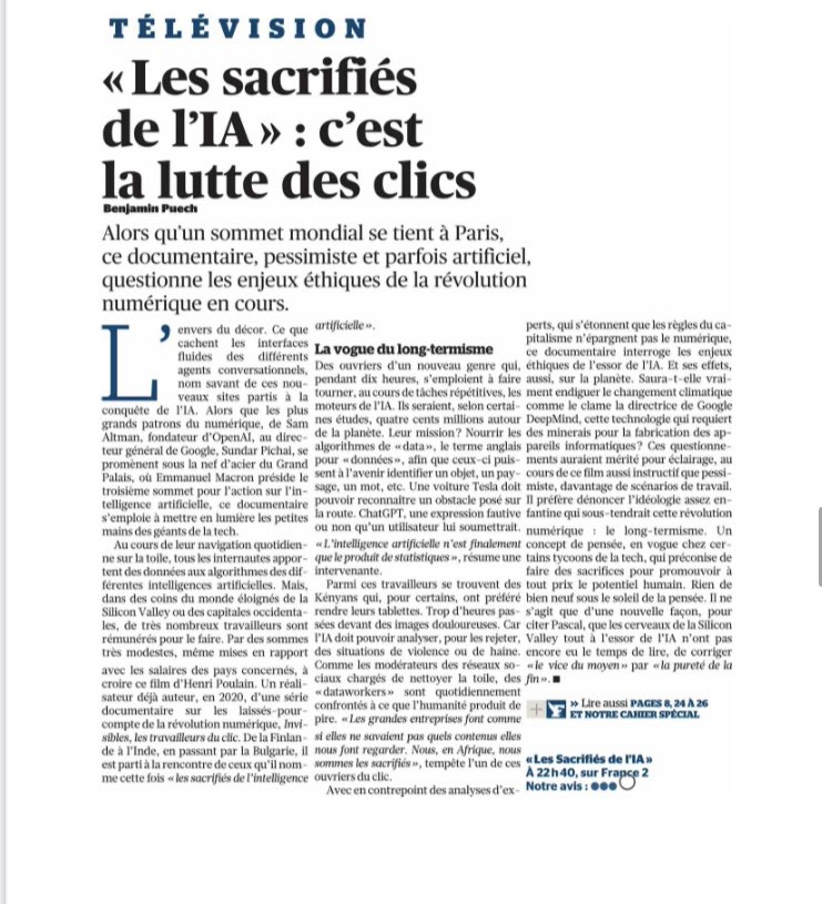 #LesMediasEnParlent 

« Les sacrifiés de l’IA » dans <a href="/Le_Figaro/">Le Figaro</a> <a href="/Telerama/">Télérama</a> <a href="/Le_NouvelObs/">Le Nouvel Obs</a> <a href="/humanite_fr/">L'Humanité</a> 
<a href="/PoulainOriginal/">henri poulain</a> 

Ce soir à 22.40 sur #France2 et France.tv