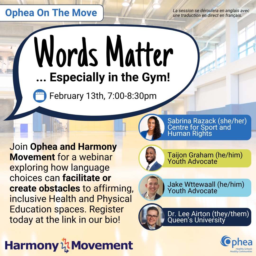 Join us on Feb 13 for a #WordsMatter campaign event with Ophea! We'll explore how language can normalize biases like racism, ableism &amp; transphobia in H&amp;PE spaces, and share strategies that reduce harm and promote affirming learning environments. Register: bit.ly/WordsMatterWeb…