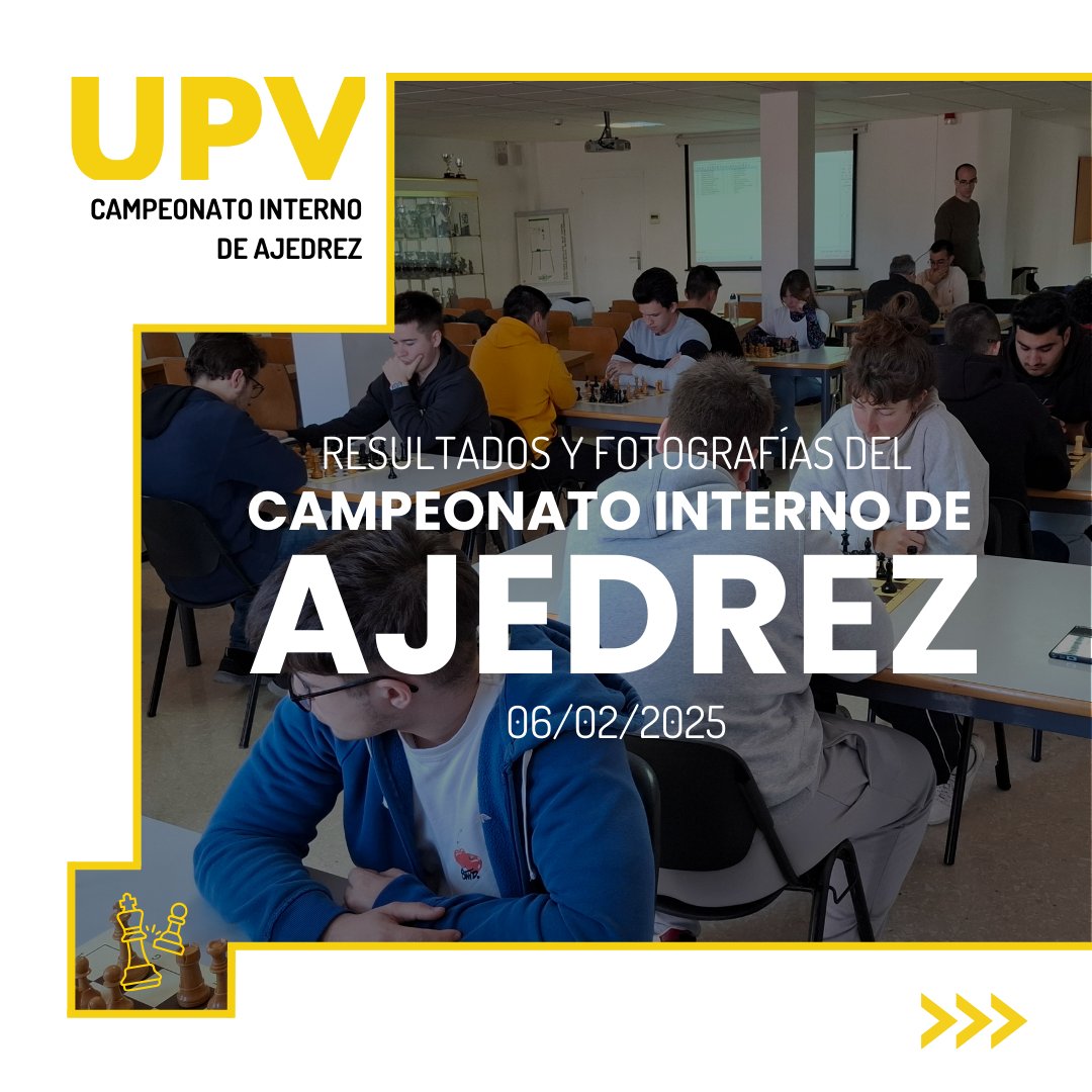 UPVdeportes's tweet image. 🏆♟️ Resultados del Campeonato Interno de Ajedrez UPV ♟️🏆

🥇 1º Saúl Pérez Travieso
🥈 2º Luis Montesinos Díaz
🥉 3º Álvaro Pérez Macías
Gracias a todos los participantes por un torneo lleno de estrategia y emoción. 📸 ¡No te pierdas las mejores fotos!
#AjedrezUPV