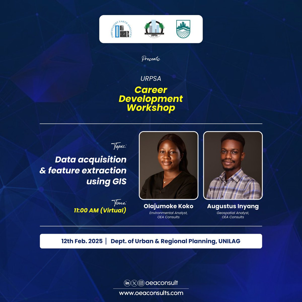 ConsultsOea's tweet image. Join us for the URPSA Career Development Workshop! 🚀
Our experts, Miss Olajumoke Koko and Mr Augustus Inyang from OEA Consults, will be sharing insights on
 "Data Acquisition &amp;amp; Feature Extraction Using GIS."

📅 Date: 12th February 2025
🕚 Time: 11:00 AM (Virtual)
📍 Venue: Zoom…