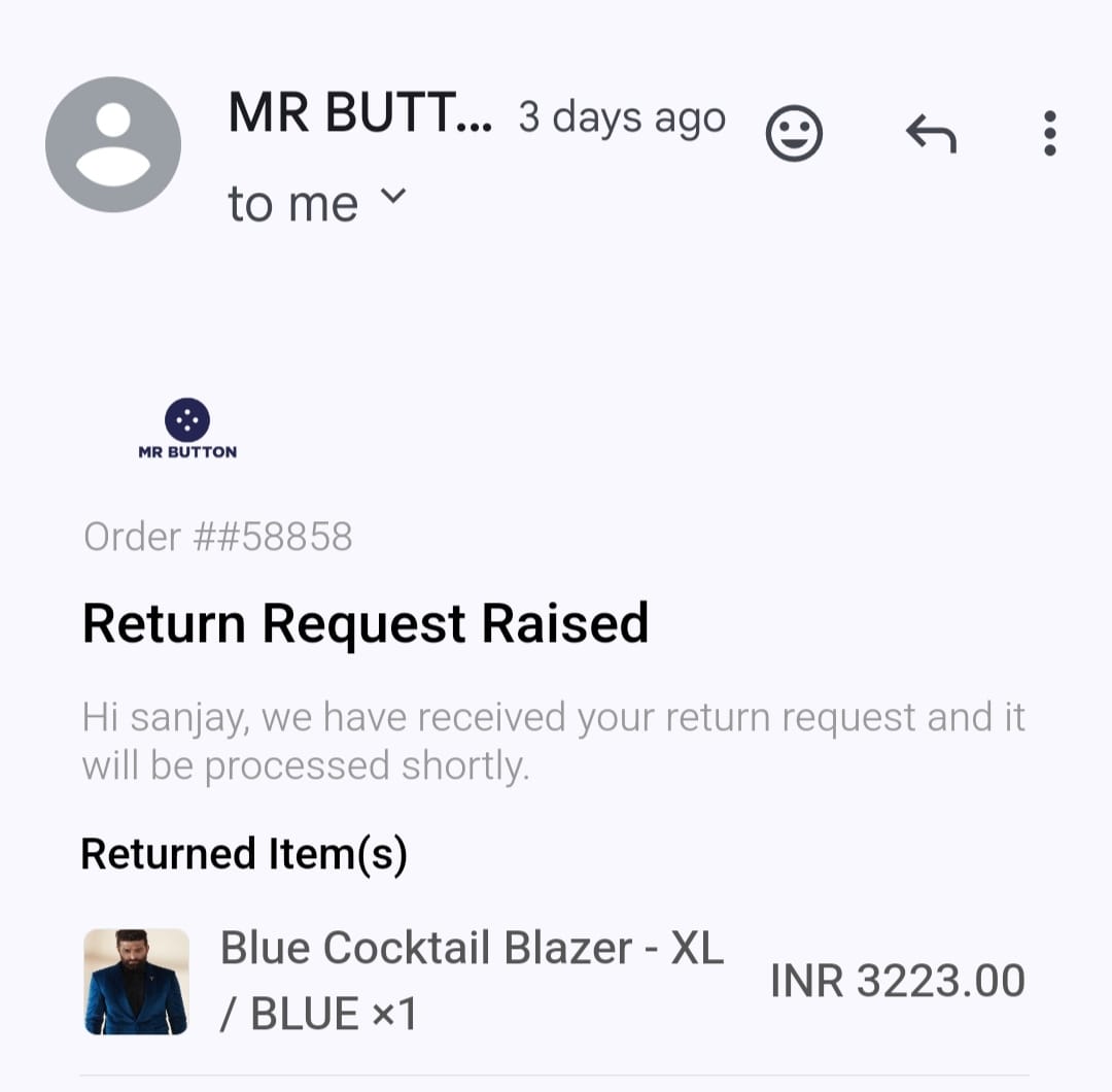 ArvindWebs's tweet image. My friend bought a blazer from @MrButton but received completely different product, consignment is returned but didn&apos;t received money. This is a classic case of online fraud. Beware 
mrbutton.in
#mrbutton
@MenatMrButton