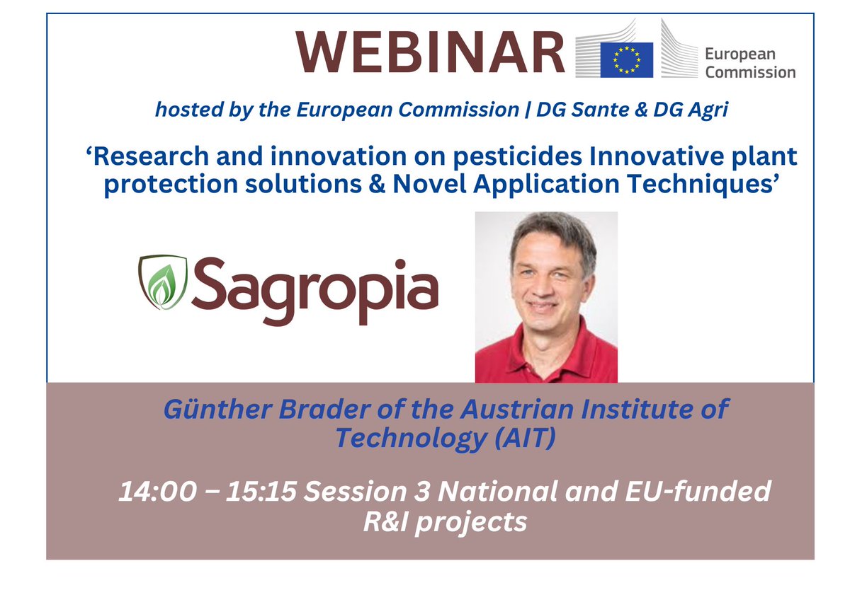 📢 Exciting news!

Today the <a href="/Sagropia/">SAGROPIA</a>  scientific coordinator will present the project at a webinar hosted by the <a href="/EU_Commission/">European Commission</a>  <a href="/EUAgri/">EU Agriculture🌱</a> &amp; DG SANTE!

The #webinar focuses on research and innovation in pesticides, specifically innovative plant protection solutions and novel