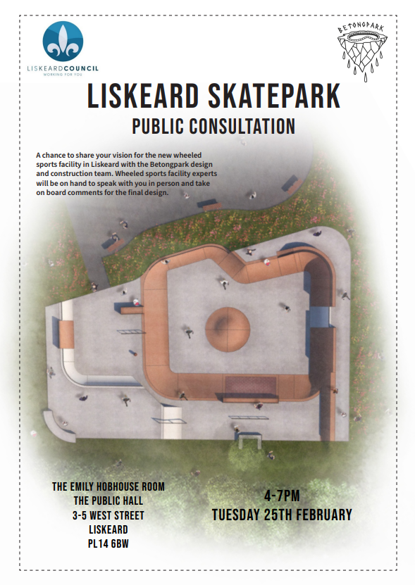 This will be YOUR skatepark.  Have your say at the consultation event happening at The Public Hall between 4-7pm on Tuesday 25th February.  No need to book, just turn up. #liskeard #skate