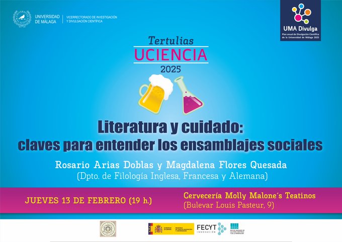 "Literatura y cuidado: claves para entender los ensamblajes sociales" con <a href="/rosarioariasUMA/">Rosario Arias</a>  <a href="/_mariamgd/">M Magdalena Flores Quesada</a>.
🗓️ jueves 13
🕰️ 19:00
🏛️ Cervecería Molly Malone's