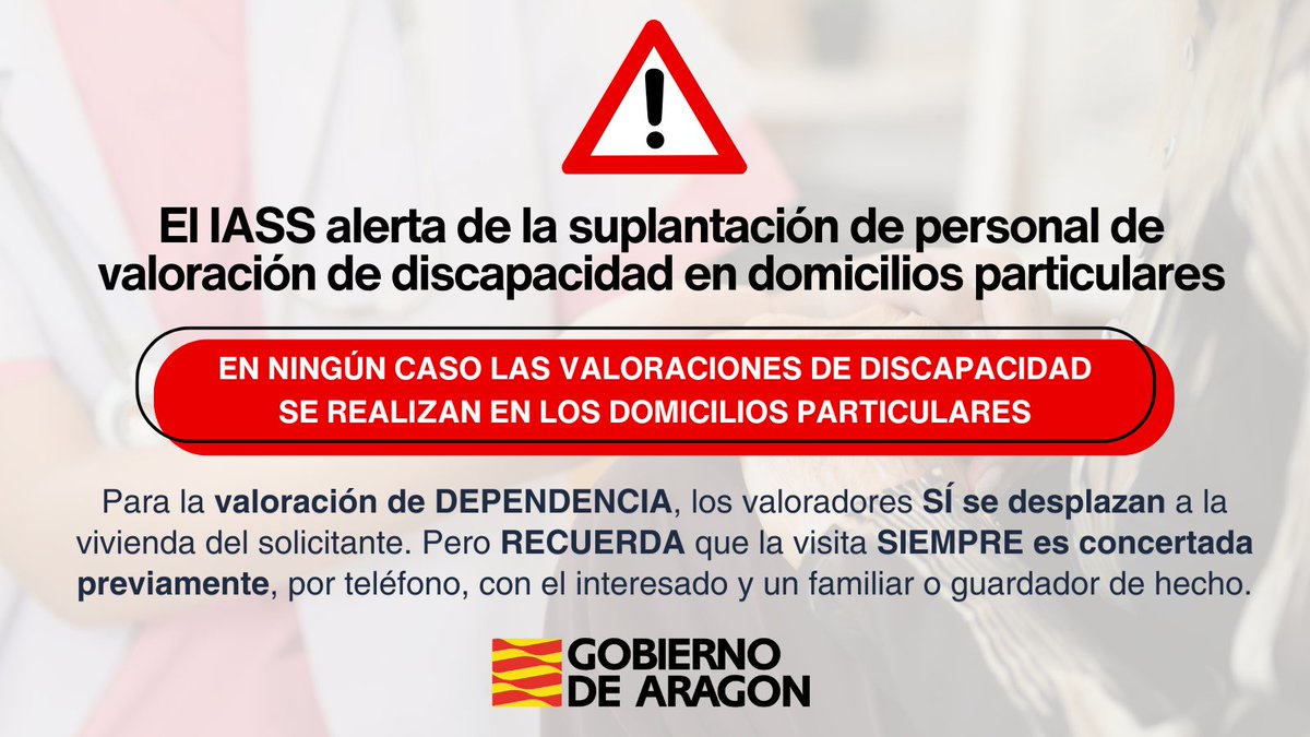 GobAragon's tweet photo. 🚨❗El @IASSAragon alerta de la suplantación de personal de valoración de discapacidad en domicilios particulares.

➡️ Desde el Instituto recuerdan que el grado de discapacidad nunca se valora en las viviendas de los solicitantes.

https://t.co/4x0ASNKtbc https://t.co/mpjqHlF035
