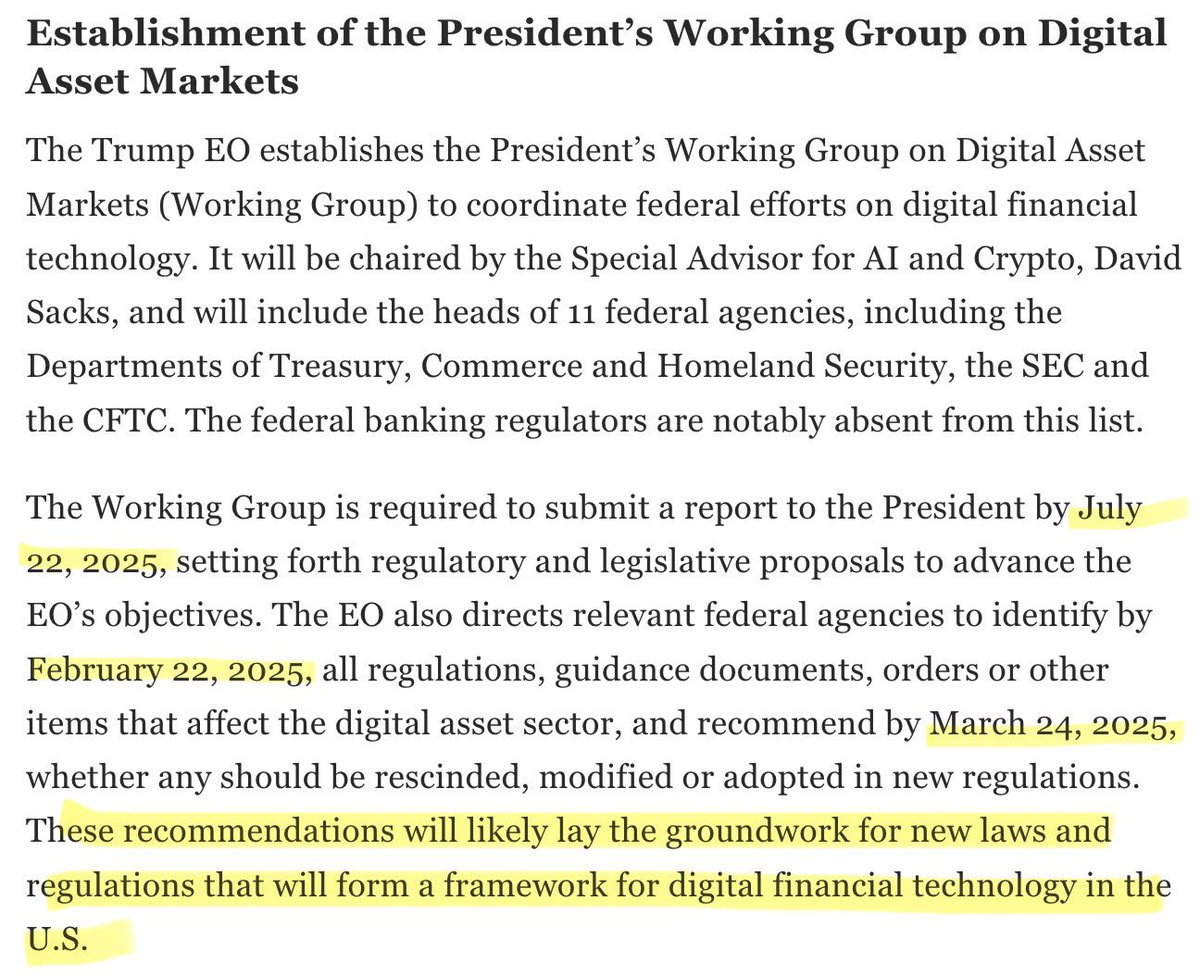 The regulatory framework for digital finance in the U.S. is unfolding in real time, and the pace is accelerating.😮‍💨

The President’s Working Group on Digital Asset Markets has outlined a structured timeline, signaling key milestones toward full regulatory clarity:

2/22/2025 =