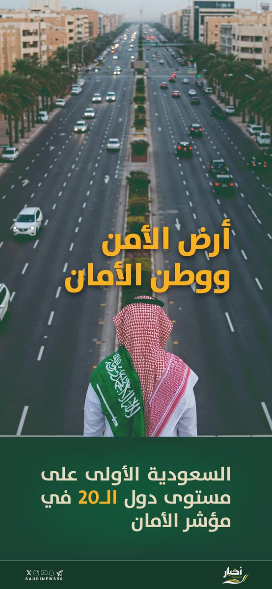 #السعوديه_تتصدر_موشر_الامان 
وهذا الفضل يعود لله اللي من علينا بهذه النعمة الكبيرة
والفضل بعد الله لقيادتنا الحكيمة اللي وفرت كل شيء لكي نكون آمنين والامآن يعود الى الاكتفاء وهذا لان حكومتنا ماهي مقصرة معنا بشيء

صار الواحد يطلع يتنقل بنص الليل كأنه طالع بعز النهار وهذا عندنا بس