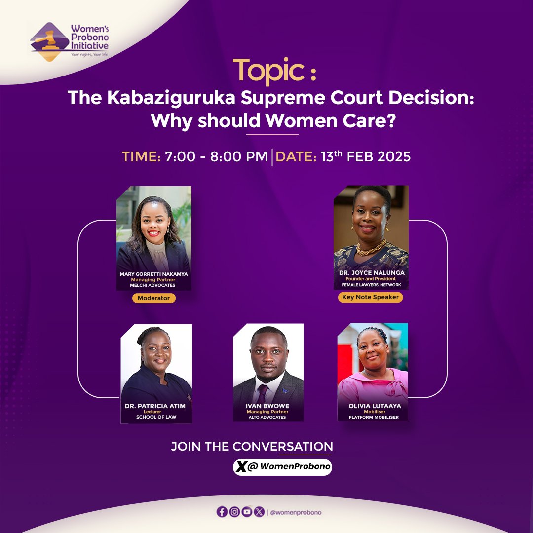 Join us this Thursday for an important discussion on the Kabaziguruka Decision and why it matters for women. 

Time - 7:00 to 8:00 PM.  
Join via: x.com/i/spaces/1ypJd…

Don't miss out as we engage with legal experts and listen in to lived experiences as we explore the
