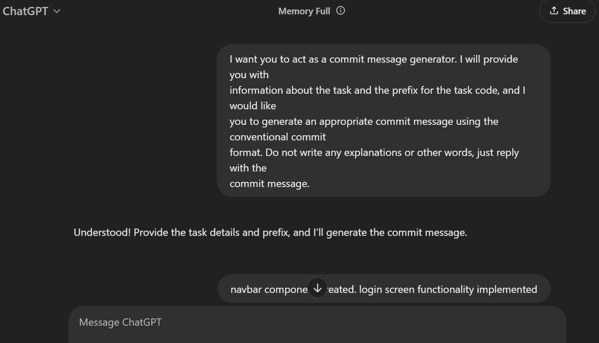 Dammybest's tweet photo. output: feat(navbar): create navbar component and implement login screen functionality. What do you think of the time used in crafting the prompt and the generated output? 😄😄😃😃😃😀 https://t.co/gci5uokAaW