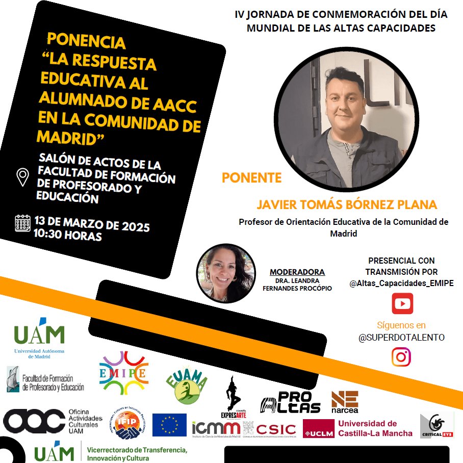 Os invitamos a la ponencia de Javier Tomás Bórnez, director del Equipo Específico de AACC de Madrid, "La respuesta educativa al alumnado de AACC en la Comunidad de Madrid"  

✍️: forms.office.com/e/qPvgRq1Xfn?o……………

<a href="/UAM_Biblioteca/">UAM_Biblioteca</a>
<a href="/UAM_Madrid/">UAM Autónoma Madrid</a>
<a href="/FaculEDUAM/">FACULTAD DE FORMACIÓN DEL PROFESORADO Y EDUCACIÓN</a>
<a href="/UCCUAM/">UCCUAM</a>
<a href="/ProcopioLeandra/">Leandra Fernandes Procopio</a>