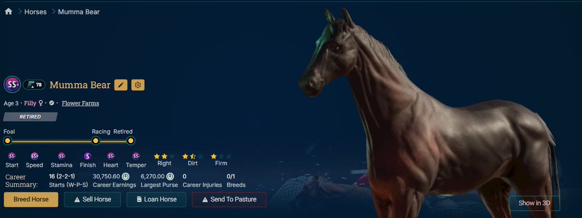 Interesting reveal for my first SS-

I think she may do better in the barn than she did on the track.

Still loving the game despite one of my most frustrating seasons to date... mainly caused by this bad girl (named after my wife's Discord nickname... oh the irony!)
