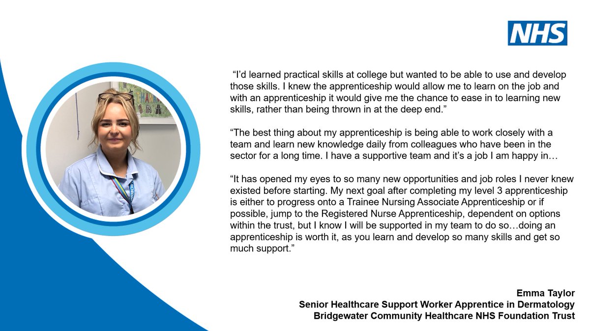 NHS North West (@nhsnw) on Twitter photo "Doing an apprenticeship is worth it, as you can learn and develop so many skills and get so much support."
Emma Taylor, Senior Healthcare Support Worker Apprentice at <a href="/WeAreBCHFT/">Bridgewater Community Healthcare NHS</a> shares how she kickstarted her career as an apprentice.
Search 'NHS careers' today.
#NAW2025 "Doing an apprenticeship is worth it, as you can learn and develop so many skills and get so much support."
Emma Taylor, Senior Healthcare Support Worker Apprentice at <a href="/WeAreBCHFT/">Bridgewater Community Healthcare NHS</a> shares how she kickstarted her career as an apprentice.
Search 'NHS careers' today.
#NAW2025