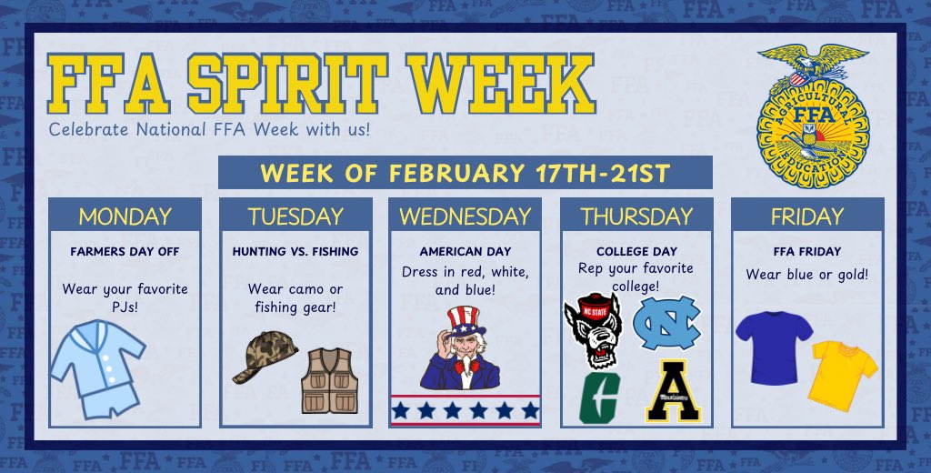 Get ready for FFA Spirit Week from the 17th-21st! 🎉💙💛
Monday: Farmers’ Day Off (PJs)
Tuesday: Hunting vs Fishing
Wednesday: American Day
Thursday: College Day
Friday: FFA Friday (wear blue or gold) 
#nationalffaweek #ffaspiritweek  #ffa