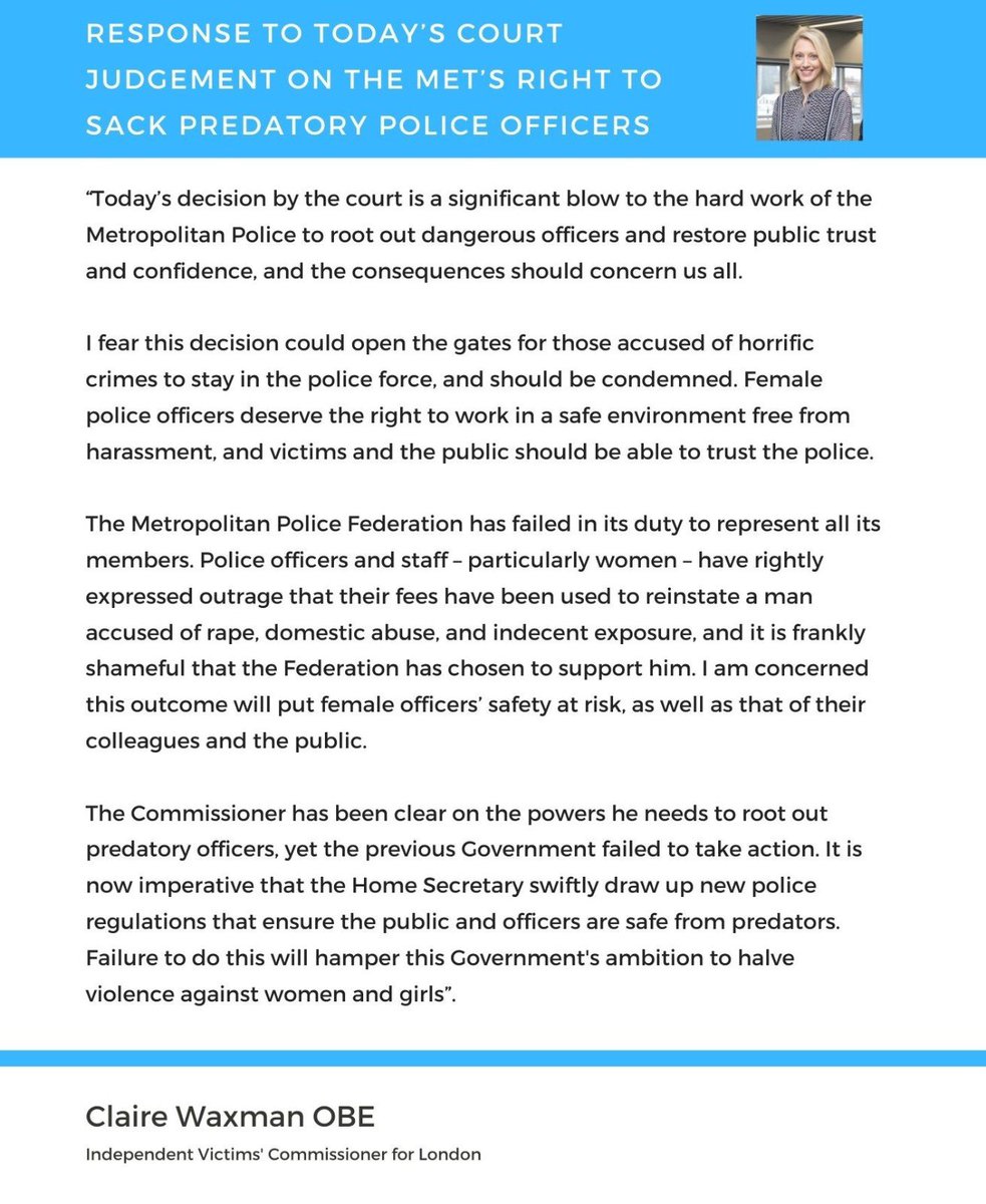 Today's decision is a huge blow to trust and confidence in policing. <a href="/metpoliceuk/">Metropolitan Police</a> need the power to remove officers who pose a risk to their colleagues and the public. For Govt to halve violence against women and girls, there is no place for predators in policing. My response ⬇️