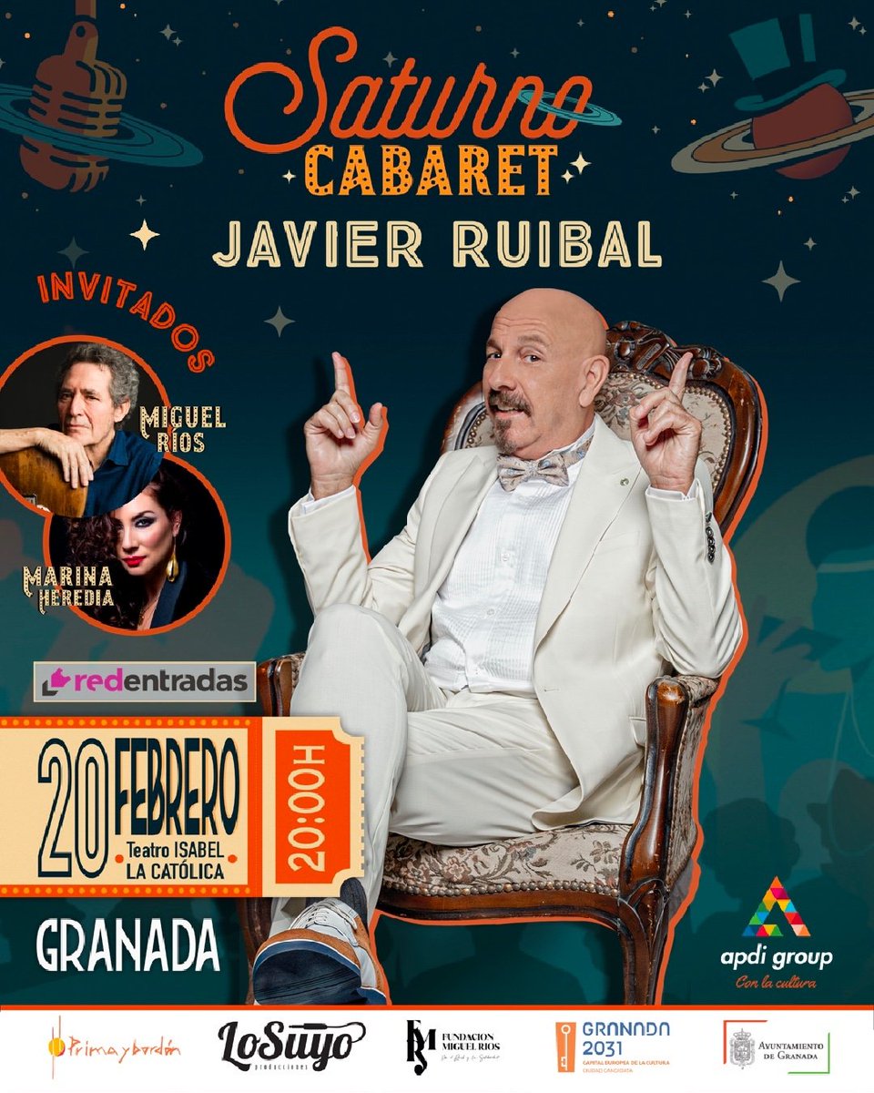 Pues ya estamos en la cuenta atrás para uno de los conciertos del año... El próximo día 20 <a href="/JavierRuibal/">Javier Ruibal</a> trae a #Granada su fantástico #SaurnoCabaret con la colaboración estelar del gran <a href="/mrios/">Miguel Ríos</a> y la maravillosa <a href="/marina_heredia/">Marina Heredia</a> ¡No os lo perdáis!