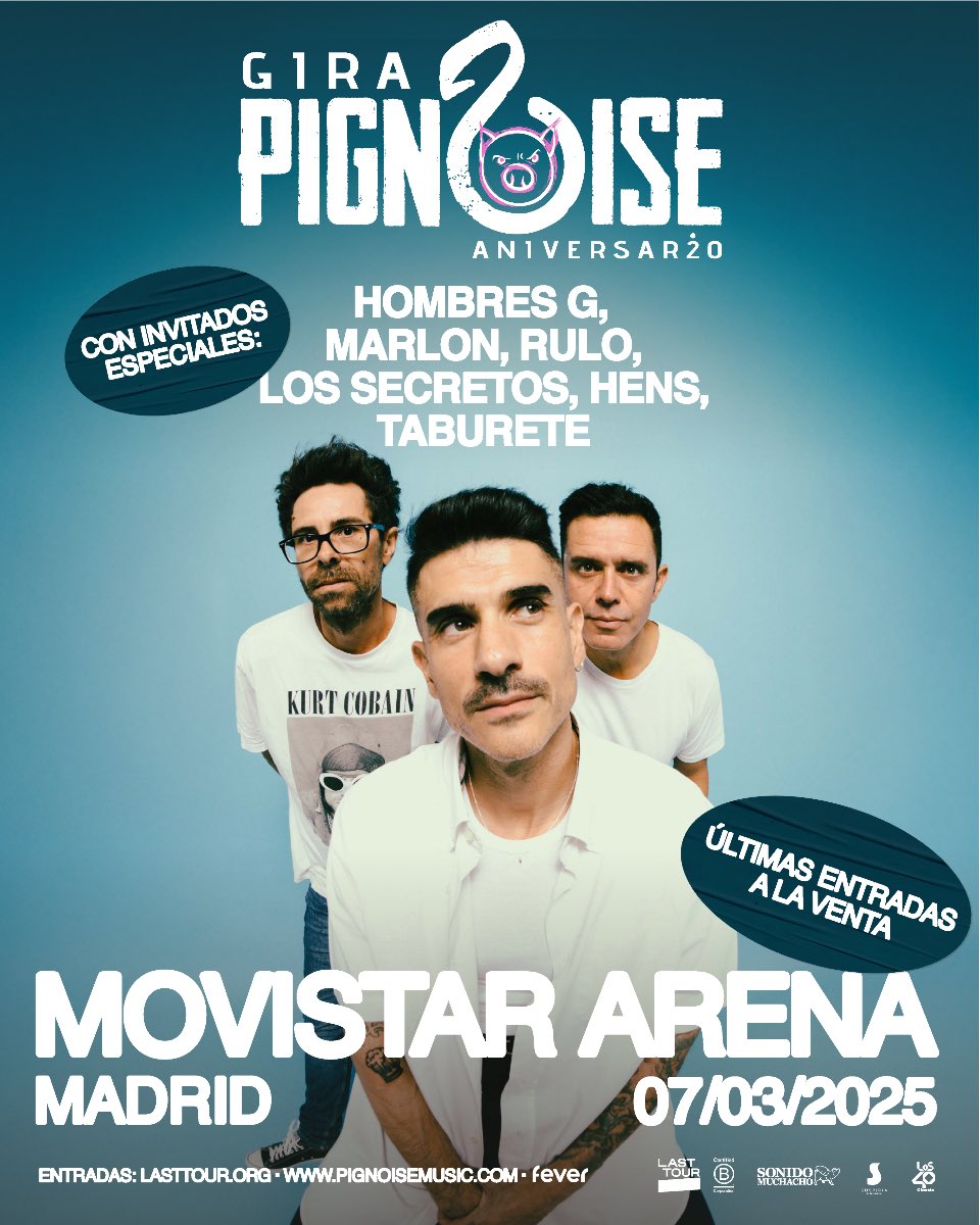 Últimas entradas para el concierto especial de <a href="/Pignoise/">Pignoise</a> en el <a href="/MovistarArenaEs/">Movistar Arena España</a> de Madrid con invitados como <a href="/RuloMusica/">Rulo y la Contrabanda</a> <a href="/HombresG/">Hombres G Oficial</a> <a href="/los_secretos/">Los Secretos</a> <a href="/_marlonoficial_/">Marlon Oficial</a> <a href="/taburete89/">TABURETE</a> y <a href="/hensss_/">hens</a> info:conciertospormadrid.com/featured/pigno…