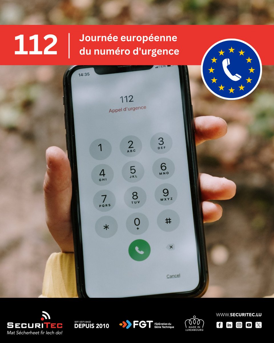 SecuriTec_lu's tweet photo. 🚨 11. Februar – #Europadag vum #Noutruff 112. Wousst Dir, dass Dir an engem Noutfall den 112 an all de Staate vun der EU (+Schwäiz + Südafrika) wiele kënnt? Zënter Dezember 2008 ass den 112 an allen EU-Memberstaate gratis 24/24. Merci un all Rettungsdéngschter 👏 https://t.co/CsLH8bscUG