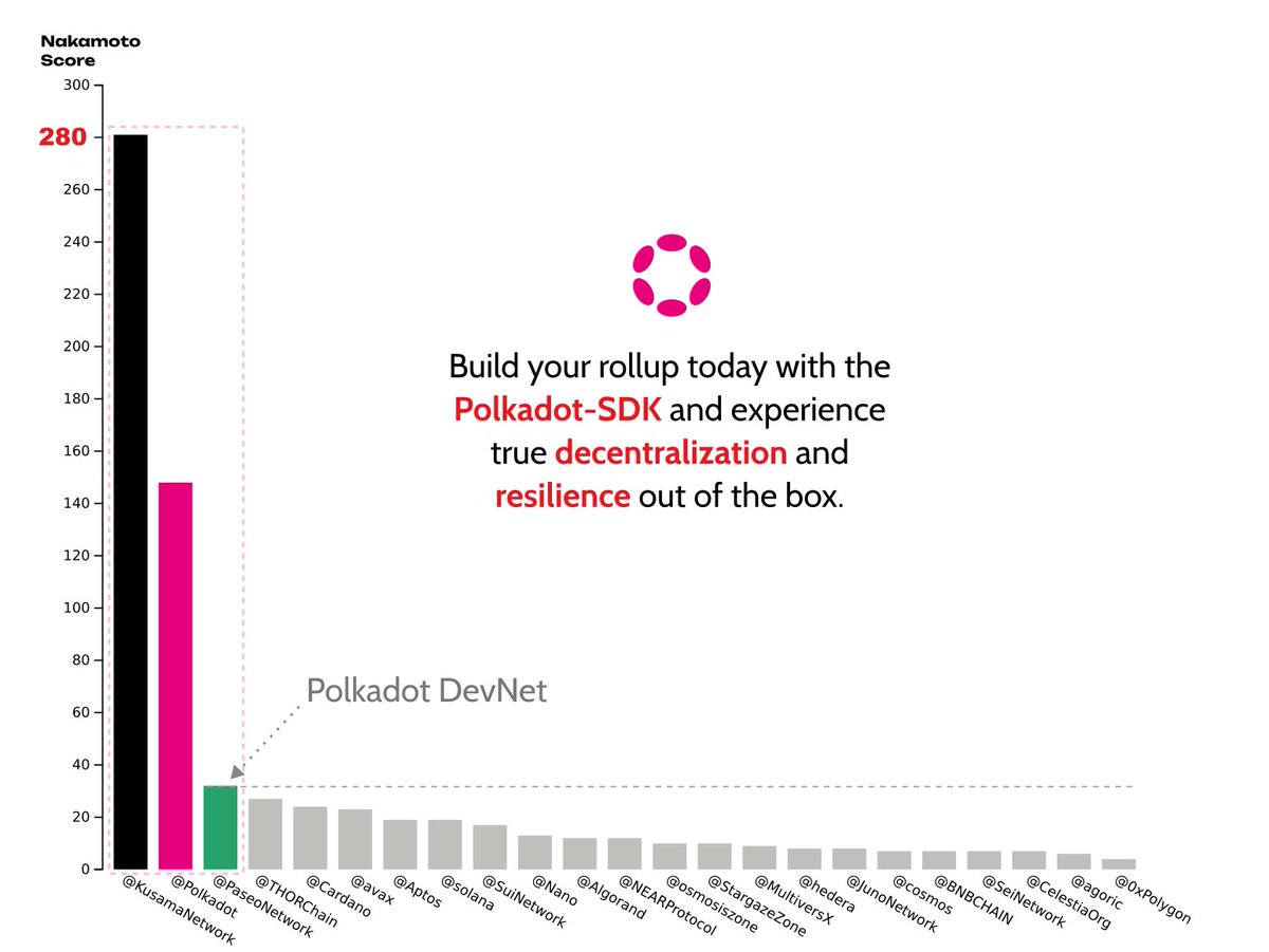 Top 3 blockchains in terms of resilience &amp; decentralization according to their Nakamoto Score: <a href="/kusamanetwork/">kusama</a> , <a href="/Polkadot/">Polkadot</a>   &amp; <a href="/PaseoNetwork/">Paseo Network</a> Polkadot's community maintained Devnet.

Experience the benefits from test to prod &amp; don't settle for less. 

Built-in &gt; Bolted-on. Always.