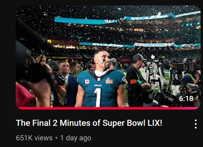 joefessorx's tweet photo. When the video of the final 2 minutes is more than 6 minutes long!! 😂 No wonder nobody outside the US watches this shit! #SuperBowl #SuperBowlLIX #NFL #PhiladelphiaEagles #KansasCityChiefs https://t.co/mcSUuhpDGL
