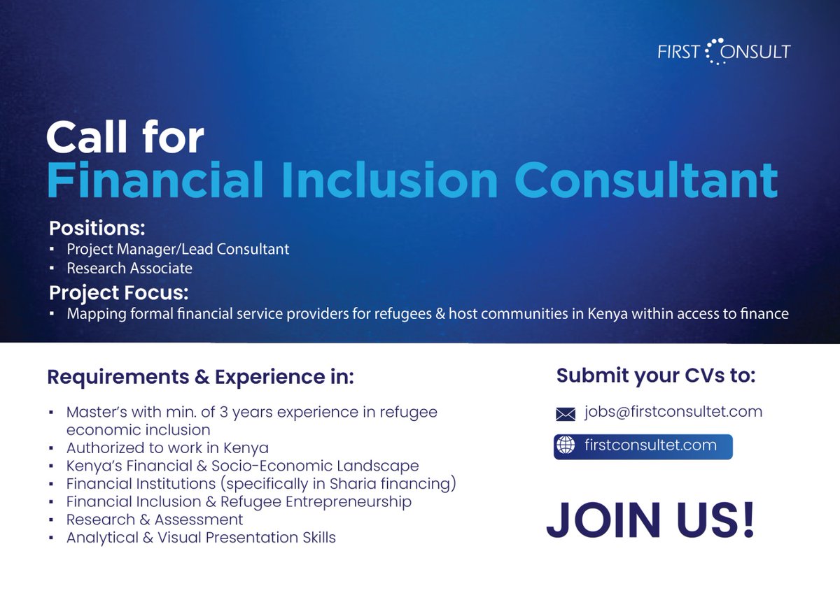 We’re Collecting CVs!

If you qualify for the Financial Inclusion Consultant or Research Associate position, send your CV to jobs@firstconsultet.com 

Don’t forget to include your contact details, experience, and skills.

Tag anyone who might be interested!
#Opportunities
